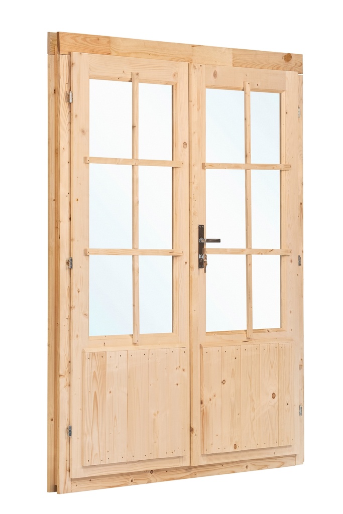 [HK001670] Dubbele deur+kozijn, vuren, enkel glas D3