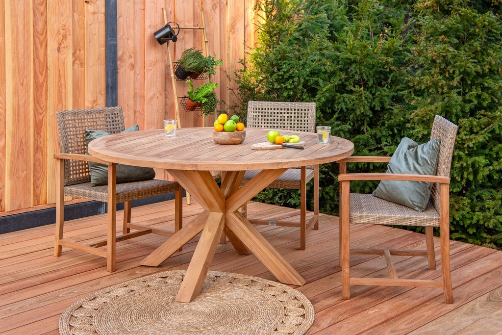 [HK001849] Tuintafel teak rond met kruispoot diameter 150 cm